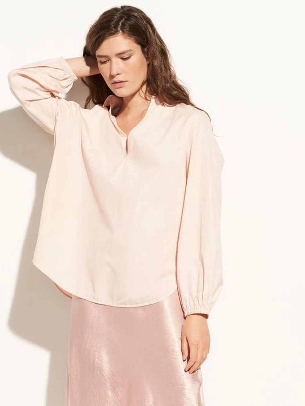 Vince Swing Front Cotton Poplin Pullover Blouse in Light Pink | Size Medium